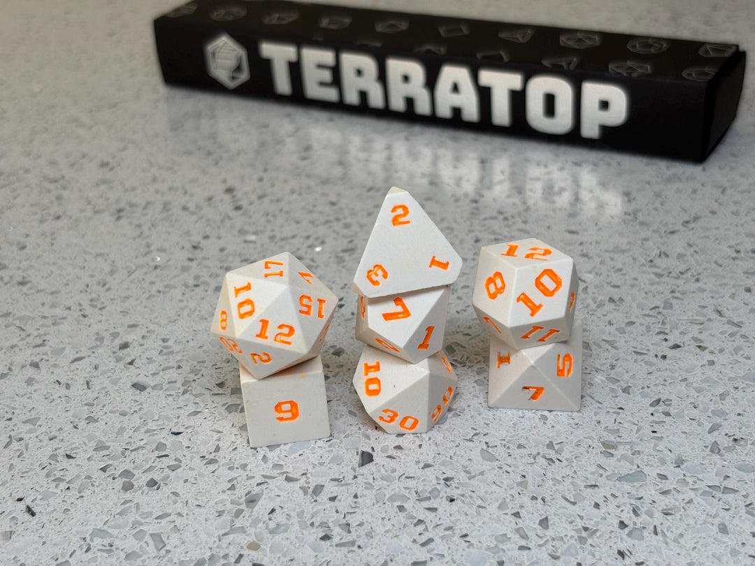 Dice Set | for DND & Tabletop RPGs | Handmade Jesmonite | RPG Dice | Dungeon Master Gift | White with Orange ink dice