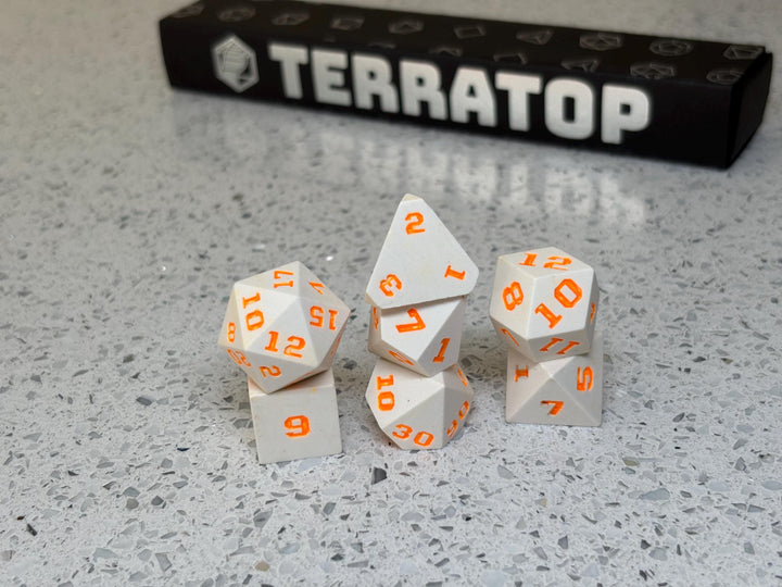 Dice Set | for DND & Tabletop RPGs | Handmade Jesmonite | RPG Dice | Dungeon Master Gift | White with Orange ink dice