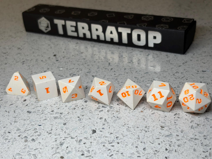 Dice Set | for DND & Tabletop RPGs | Handmade Jesmonite | RPG Dice | Dungeon Master Gift | White with Orange ink dice