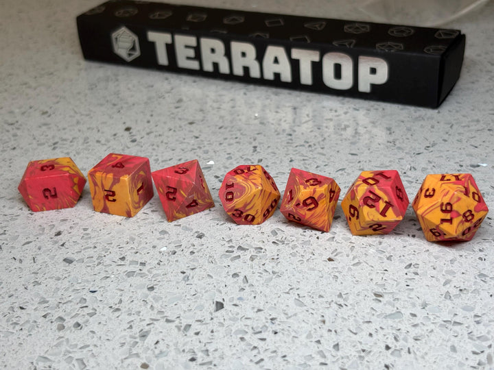 Dice Set | for DND & Tabletop RPGs | Handmade Jesmonite | RPG Dice | Dungeon Master Gift | Bright Red, Dark Red and Orange with Red ink dice