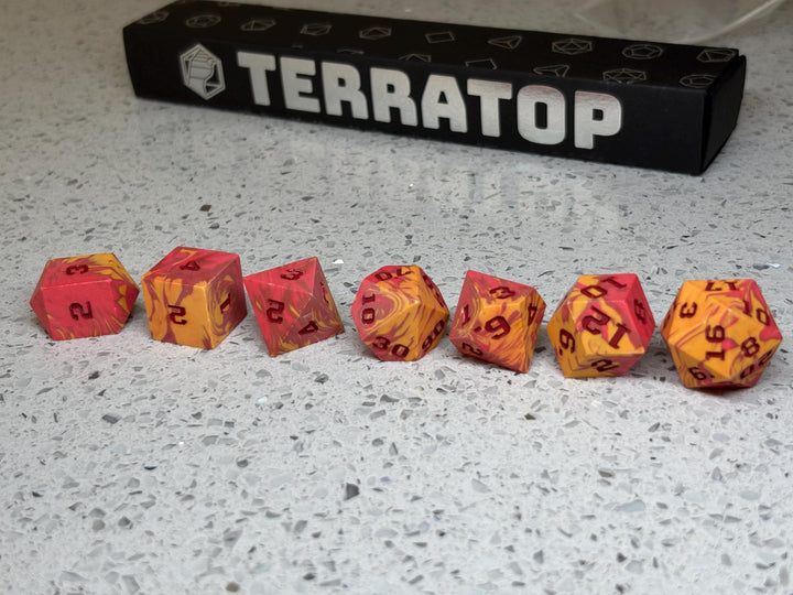 Dice Set | for DND & Tabletop RPGs | Handmade Jesmonite | RPG Dice | Dungeon Master Gift | Bright Red, Dark Red and Orange with Red ink dice