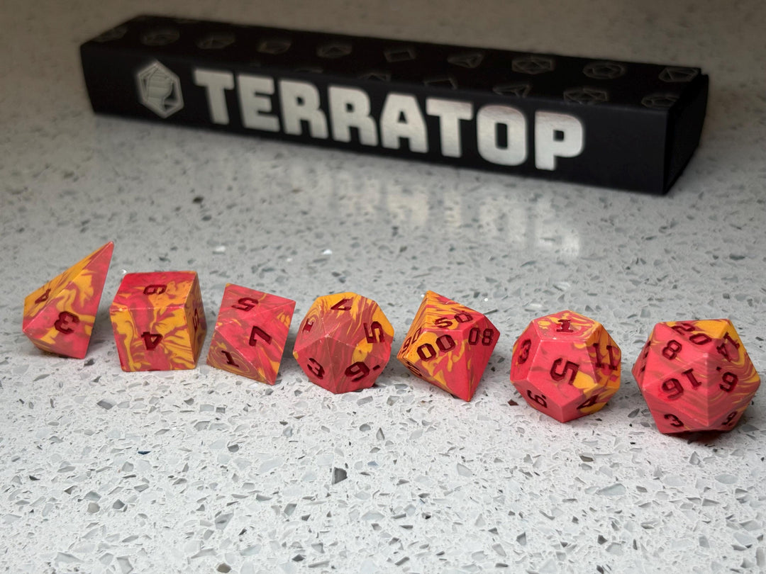 Dice Set | for DND & Tabletop RPGs | Handmade Jesmonite | RPG Dice | Dungeon Master Gift | Bright Red, Dark Red and Orange with Red ink dice