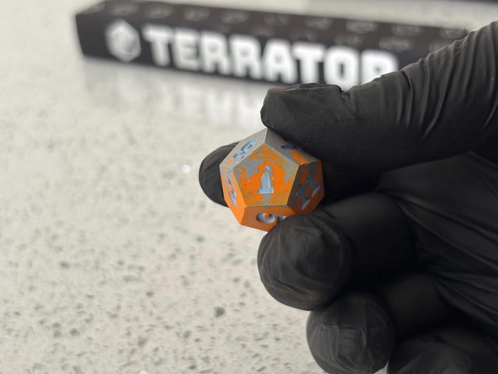 Dice Set | for DND & Tabletop RPGs | Handmade Jesmonite | RPG Dice | Dungeon Master Gift | FLAWED - Orange and Grey with Light Blue ink