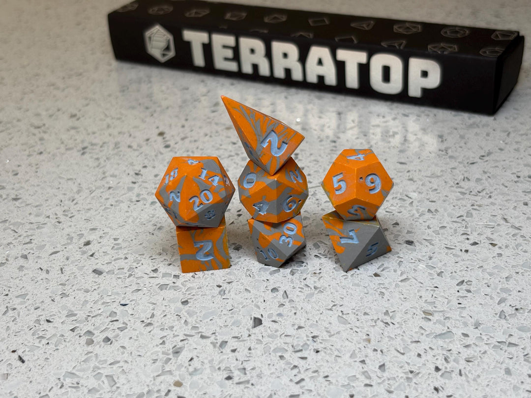 Dice Set | for DND & Tabletop RPGs | Handmade Jesmonite | RPG Dice | Dungeon Master Gift | FLAWED - Orange and Grey with Light Blue ink