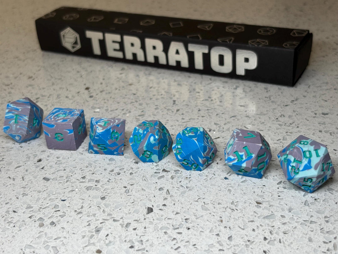 Dice Set | for DND & Tabletop RPGs | Handmade Jesmonite | RPG Dice | Dungeon Master Gift | Light and Dark Blue and Purple with Blue Ink