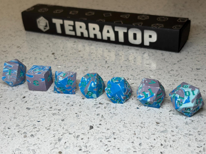 Dice Set | for DND & Tabletop RPGs | Handmade Jesmonite | RPG Dice | Dungeon Master Gift | Light and Dark Blue and Purple with Blue Ink