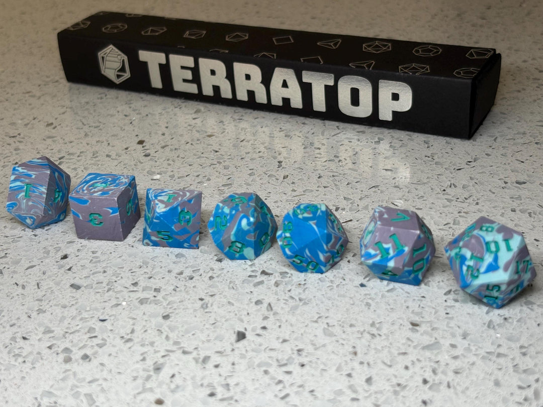 Dice Set | for DND & Tabletop RPGs | Handmade Jesmonite | RPG Dice | Dungeon Master Gift | Light and Dark Blue and Purple with Blue Ink