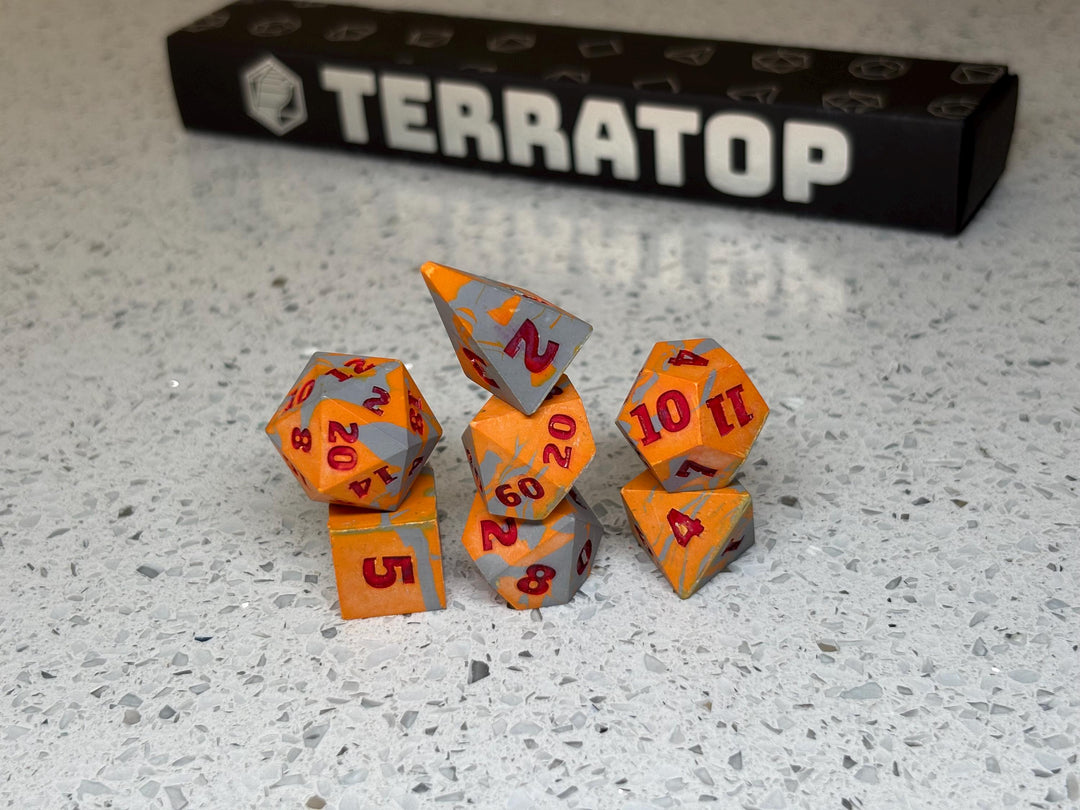 Dice Set | for DND & Tabletop RPGs | Handmade Jesmonite | RPG Dice | Dungeon Master Gift | Orange and Grey with Dark Red ink dice