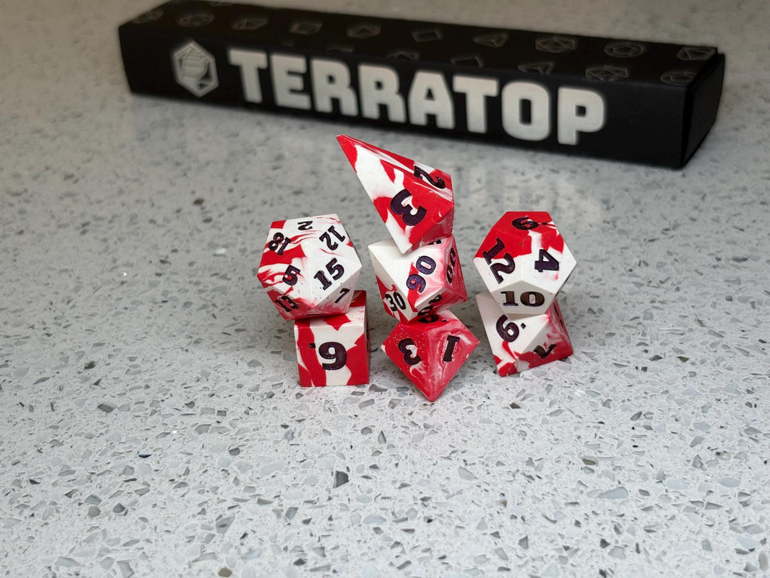 Dice Set | for DND & Tabletop RPGs | Handmade Jesmonite | RPG Dice | Dungeon Master Gift | White and Red with Iridescent Purple ink dice