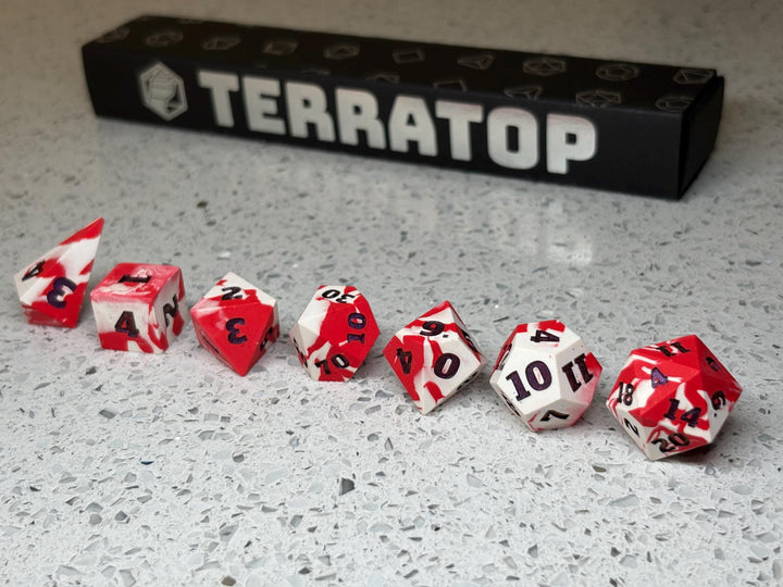 Dice Set | for DND & Tabletop RPGs | Handmade Jesmonite | RPG Dice | Dungeon Master Gift | White and Red with Iridescent Purple ink dice