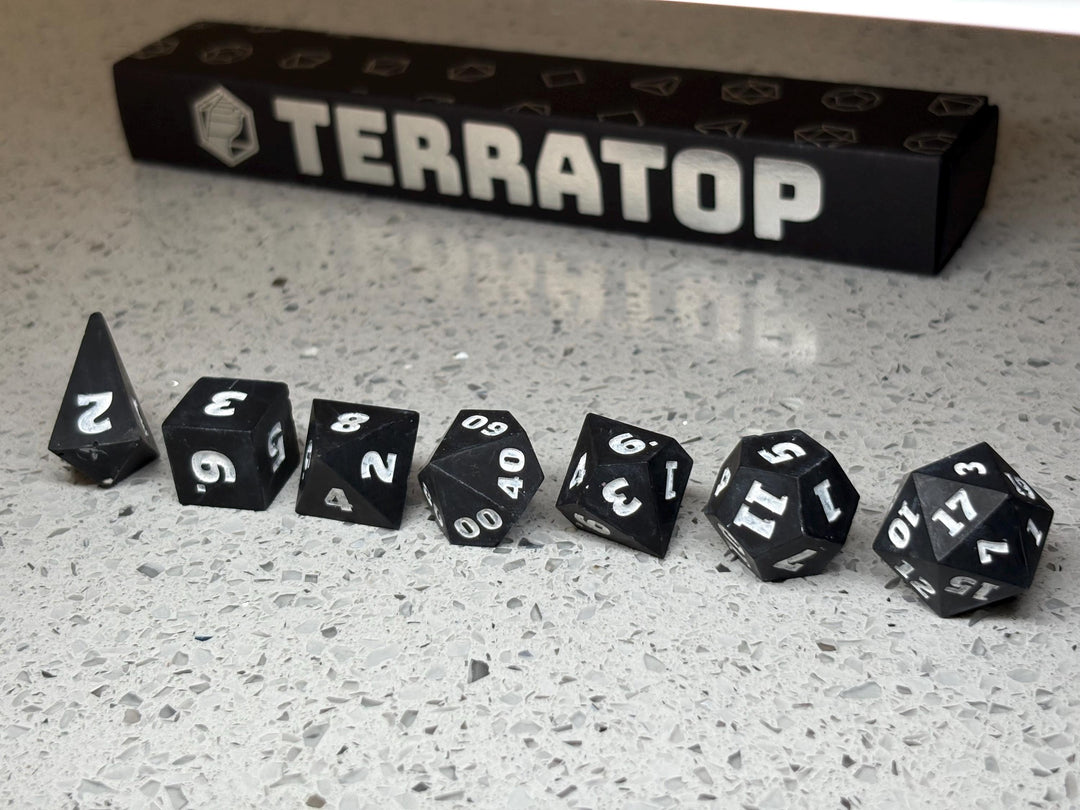 Dice Set | for DND & Tabletop RPGs | Handmade Jesmonite | RPG Dice | Dungeon Master Gift | Black with White ink dice