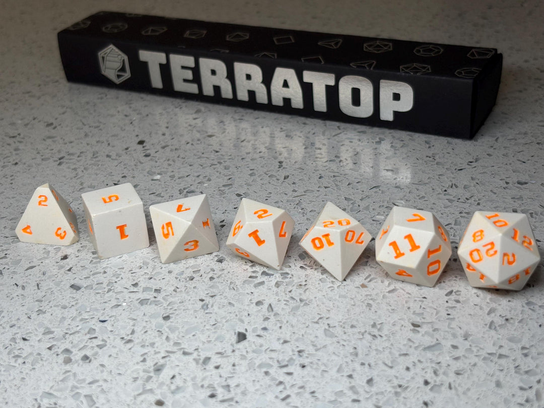 Dice Set | for DND & Tabletop RPGs | Handmade Jesmonite | RPG Dice | Dungeon Master Gift | White with Orange ink dice