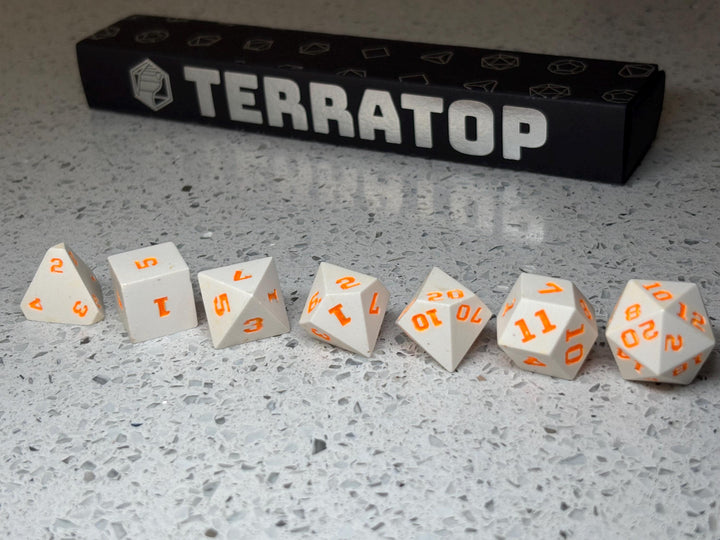 Dice Set | for DND & Tabletop RPGs | Handmade Jesmonite | RPG Dice | Dungeon Master Gift | White with Orange ink dice