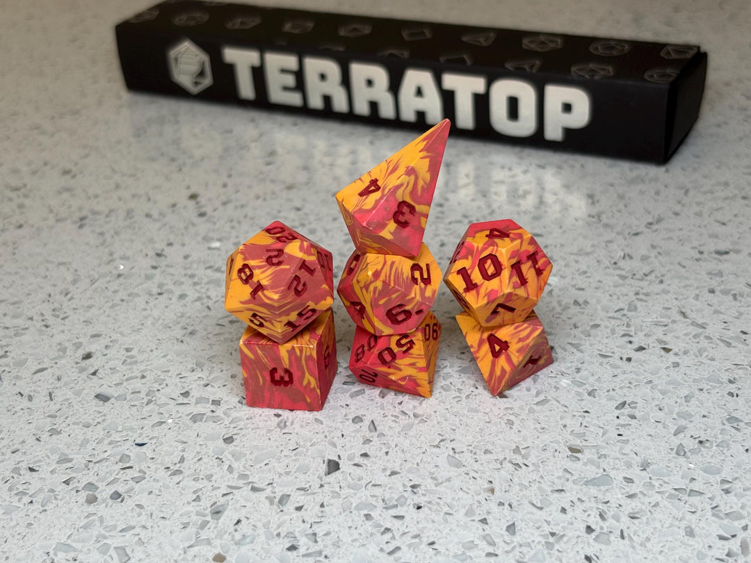 Dice Set | for DND & Tabletop RPGs | Handmade Jesmonite | RPG Dice | Dungeon Master Gift | Bright Red, Dark Red and Orange with Red ink dice