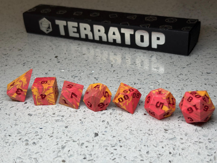 Dice Set | for DND & Tabletop RPGs | Handmade Jesmonite | RPG Dice | Dungeon Master Gift | Bright Red, Dark Red and Orange with Red ink dice