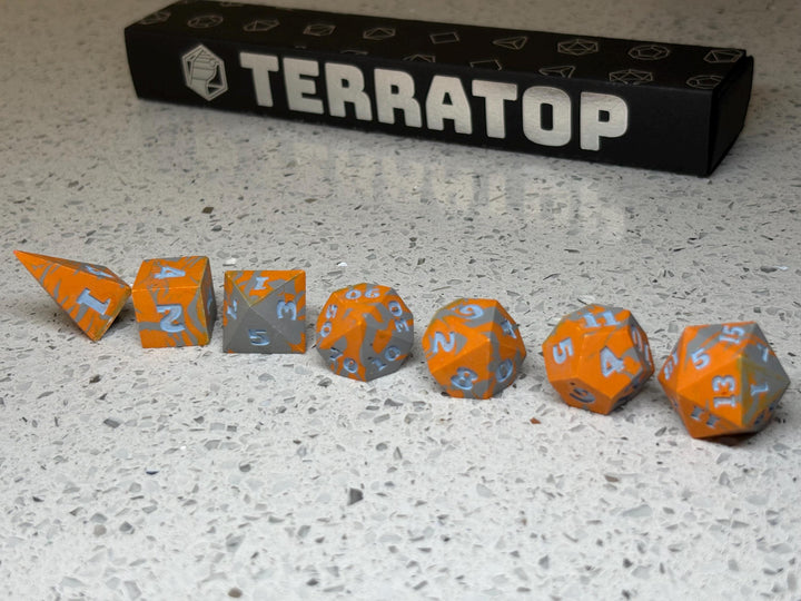 Dice Set | for DND & Tabletop RPGs | Handmade Jesmonite | RPG Dice | Dungeon Master Gift | FLAWED - Orange and Grey with Light Blue ink