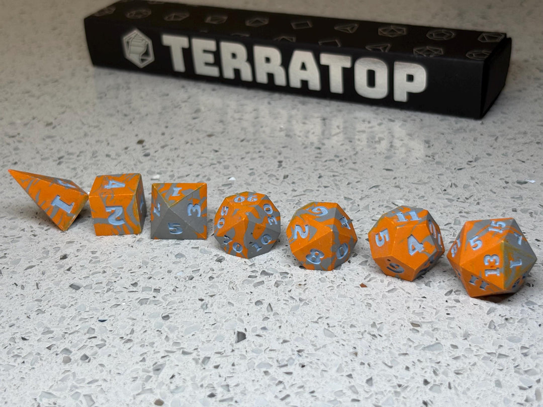 Dice Set | for DND & Tabletop RPGs | Handmade Jesmonite | RPG Dice | Dungeon Master Gift | FLAWED - Orange and Grey with Light Blue ink