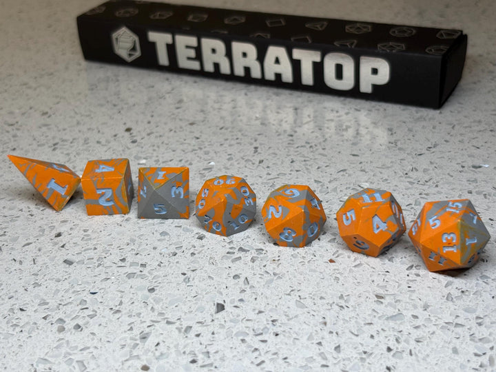 Dice Set | for DND & Tabletop RPGs | Handmade Jesmonite | RPG Dice | Dungeon Master Gift | FLAWED - Orange and Grey with Light Blue ink