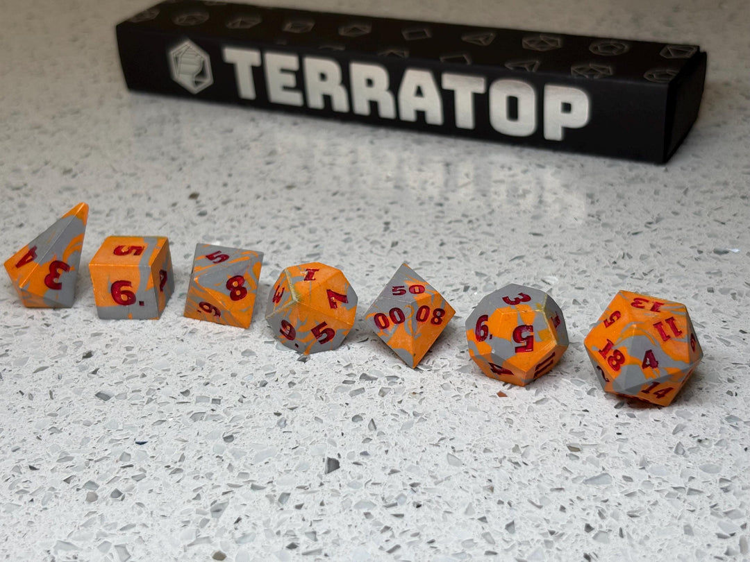 Dice Set | for DND & Tabletop RPGs | Handmade Jesmonite | RPG Dice | Dungeon Master Gift | Orange and Grey with Dark Red ink dice