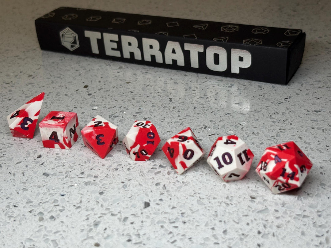 Dice Set | for DND & Tabletop RPGs | Handmade Jesmonite | RPG Dice | Dungeon Master Gift | White and Red with Iridescent Purple ink dice