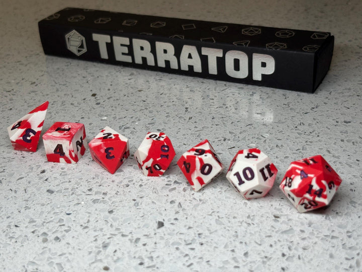 Dice Set | for DND & Tabletop RPGs | Handmade Jesmonite | RPG Dice | Dungeon Master Gift | White and Red with Iridescent Purple ink dice