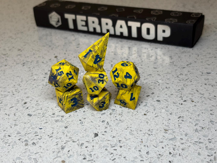 Dice Set | for DND & Tabletop RPGs | Handmade Jesmonite | RPG Dice | Dungeon Master Gift | Yellow and Purple Ripples with Dark Blue ink dice