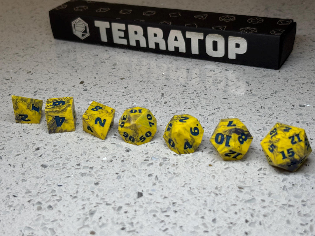 Dice Set | for DND & Tabletop RPGs | Handmade Jesmonite | RPG Dice | Dungeon Master Gift | Yellow and Purple Ripples with Dark Blue ink dice