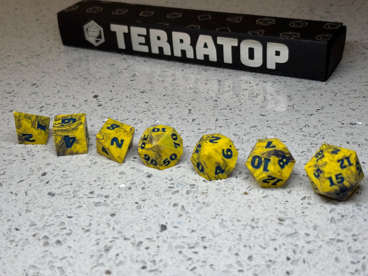 Dice Set | for DND & Tabletop RPGs | Handmade Jesmonite | RPG Dice | Dungeon Master Gift | Yellow and Purple Ripples with Dark Blue ink dice