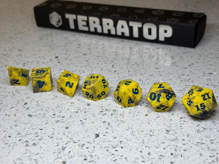 Dice Set | for DND & Tabletop RPGs | Handmade Jesmonite | RPG Dice | Dungeon Master Gift | Yellow and Purple Ripples with Dark Blue ink dice