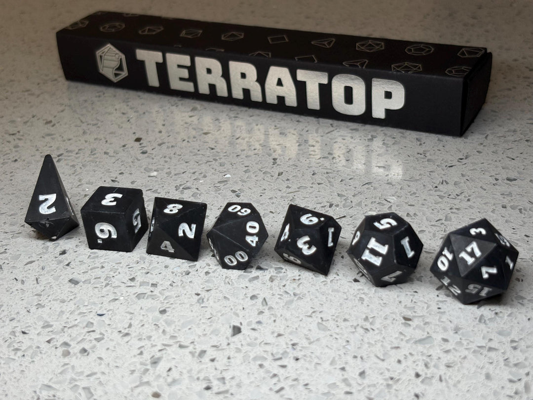 Dice Set | for DND & Tabletop RPGs | Handmade Jesmonite | RPG Dice | Dungeon Master Gift | Black with White ink dice