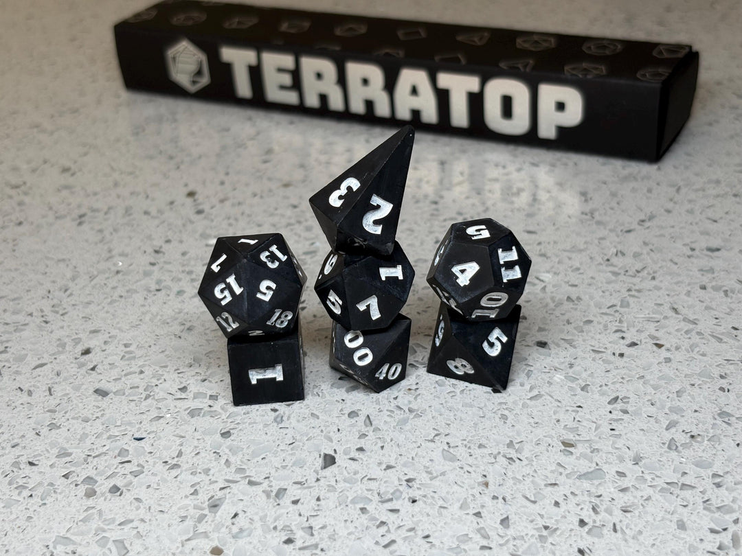 Dice Set | for DND & Tabletop RPGs | Handmade Jesmonite | RPG Dice | Dungeon Master Gift | Black with White ink dice