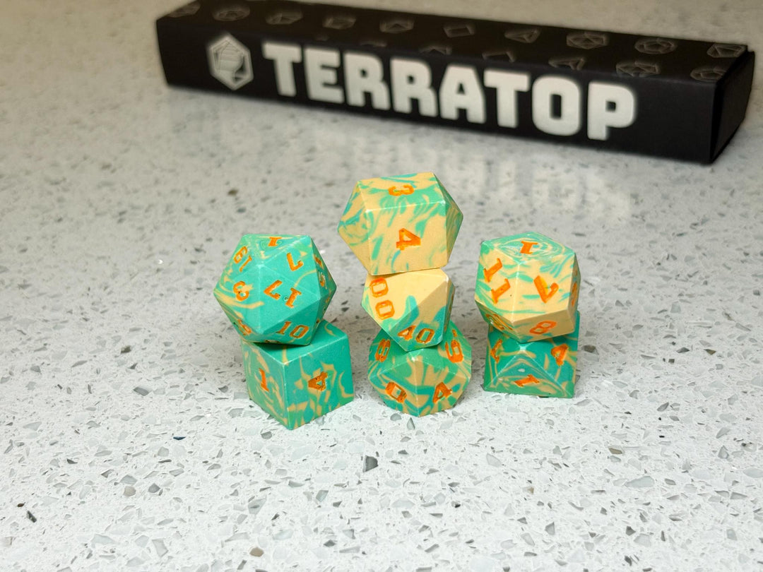Dice Set | for DND & Tabletop RPGs | Handmade Jesmonite | RPG Dice | Dungeon Master Gift | Bright Greens and Yellow with Orange ink dice