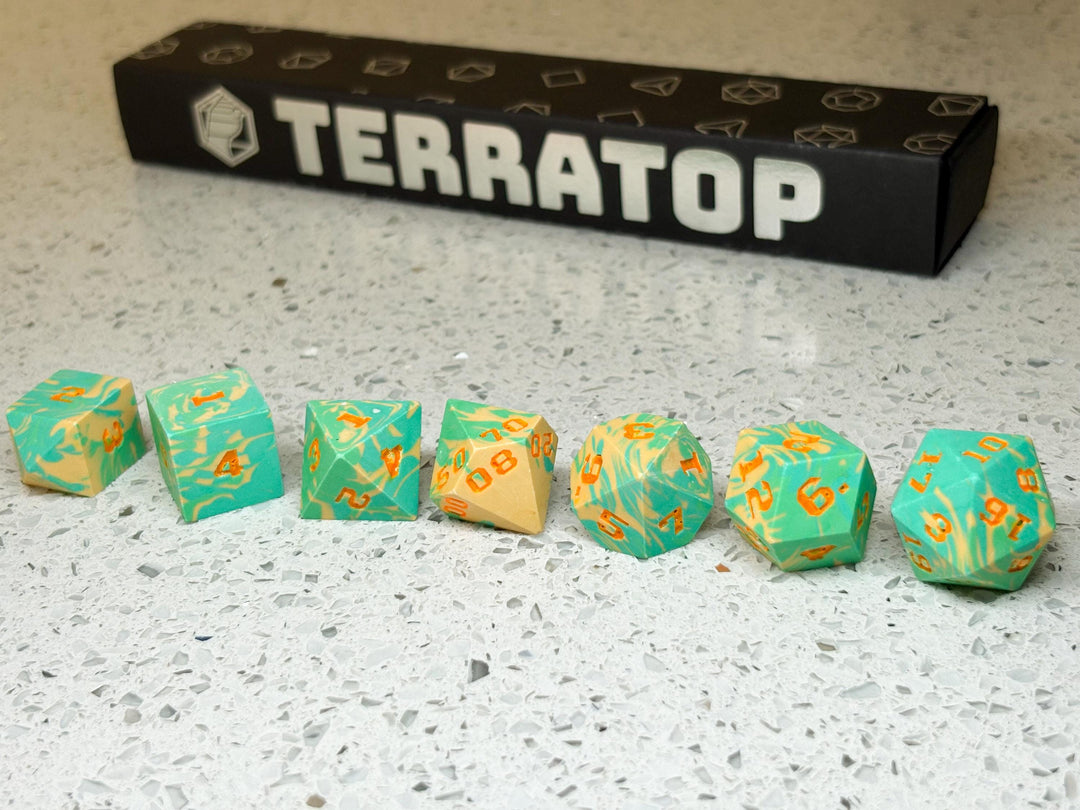 Dice Set | for DND & Tabletop RPGs | Handmade Jesmonite | RPG Dice | Dungeon Master Gift | Bright Greens and Yellow with Orange ink dice