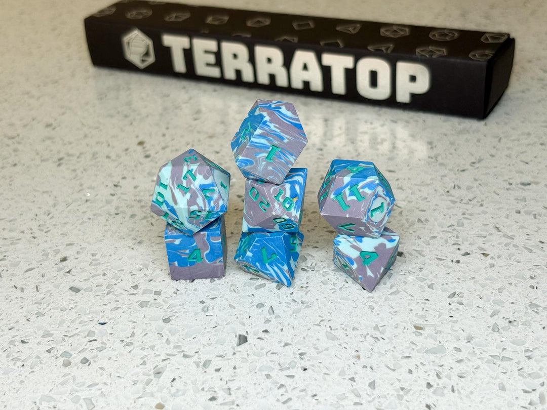 Dice Set | for DND & Tabletop RPGs | Handmade Jesmonite | RPG Dice | Dungeon Master Gift | Light and Dark Blue and Purple with Blue Ink
