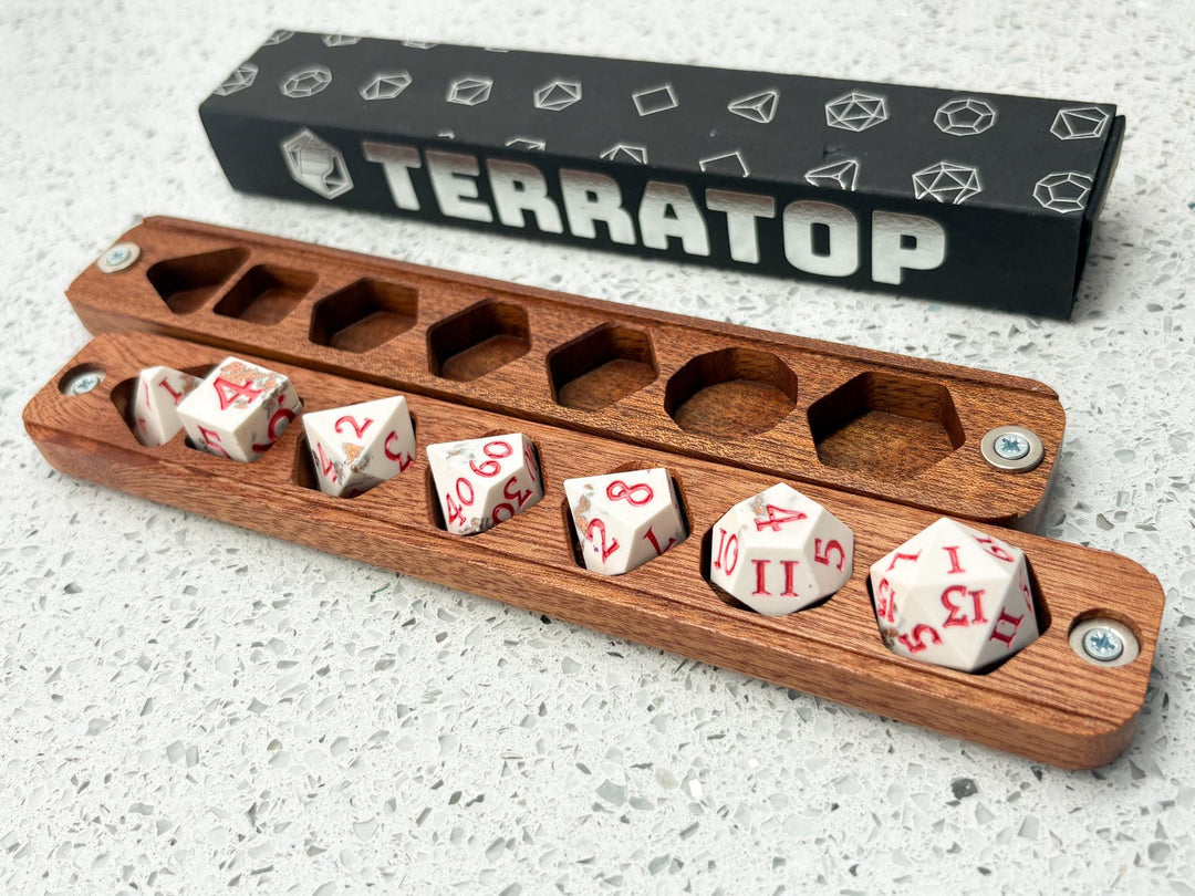 Dice Set | for DND & Tabletop RPGs | Handmade Jesmonite | RPG Dice | Dungeon Master Gift | Dice and Box Gift Set | Sapele